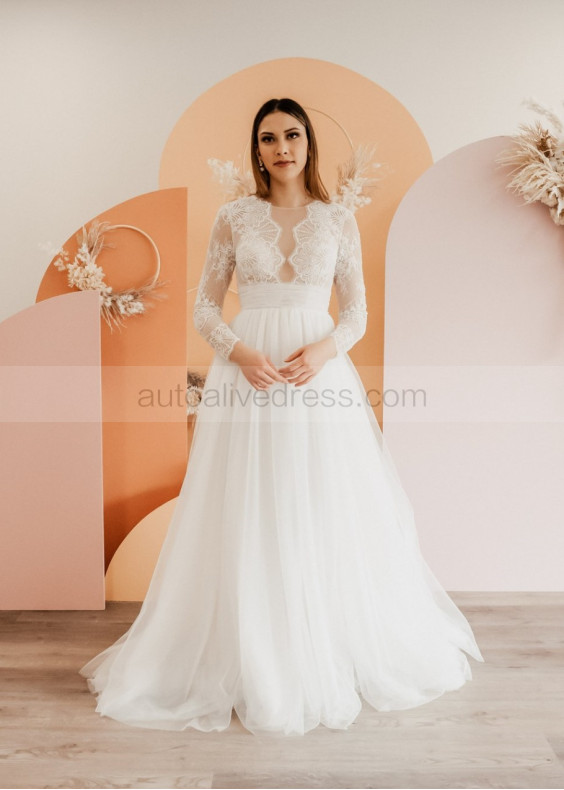 Beaded Long Sleeves Ivory Eyelash Lace Tulle Timeless Wedding Dress